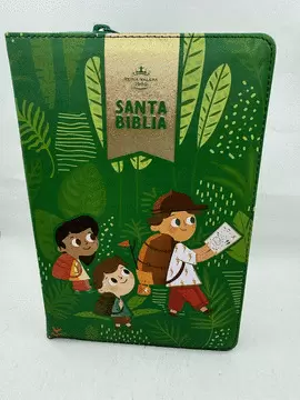 BIBLIA PARA NIÑOS LETRA GRANDE INTERACTIVA CON CIERRE RV1960 TELA VERDE CON INDICE